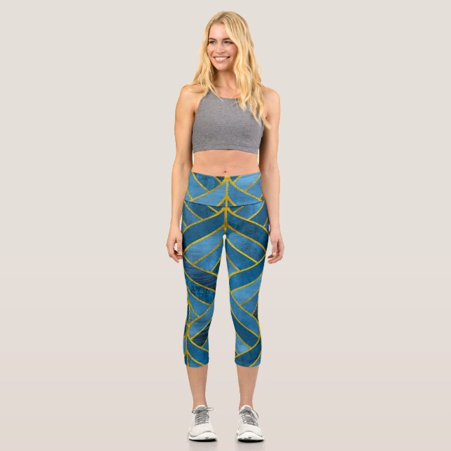 Leggings Capri Patrón de grifo azul dorado (Anverso)