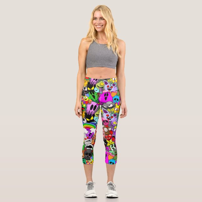Leggings Capri Patrón de Halloween de personajes adorables (Anverso)