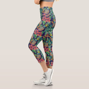 Leggings Capri Patrón de hibiscus de piña tropical