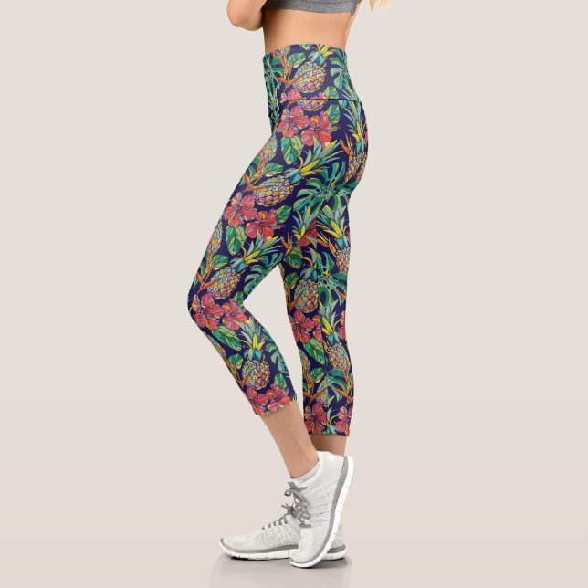Leggings Capri Patrón de hibiscus de piña tropical (Izquierda)