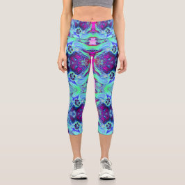 Leggings Capri Patrón de hibiscus verde y azul psicodélico