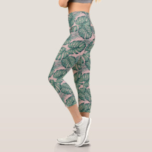Leggings Capri Patrón de hoja tropical