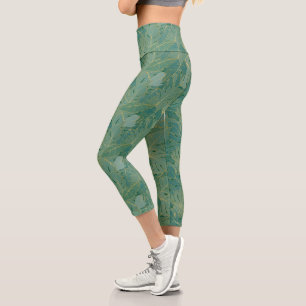 Leggings Capri Patrón de hojas de palma verdes y doradas