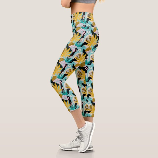 Leggings Capri Patrón de hojas tropicales de selva tropical (Izquierda)