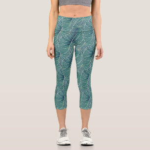 Leggings Capri Patrón de hojas tropicales Verde azuladas verdes d