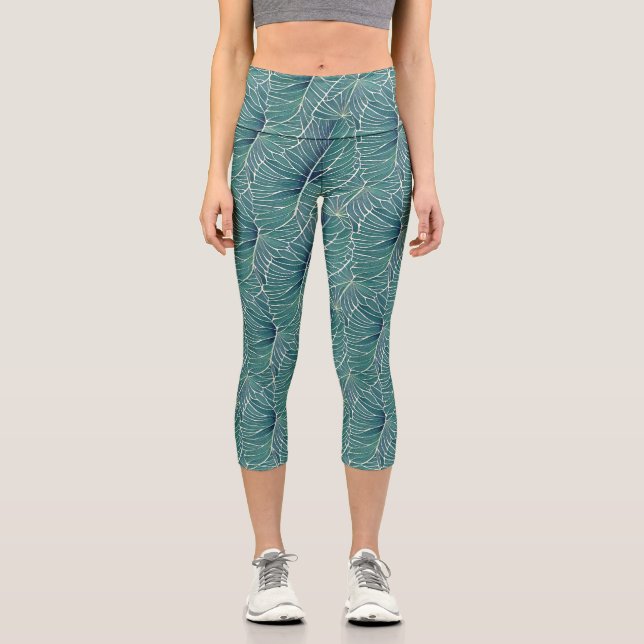 Leggings Capri Patrón de hojas tropicales Verde azuladas verdes d (Anverso)