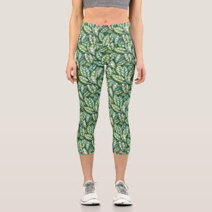 Leggings Capri Patrón de hojas tropicales verdes