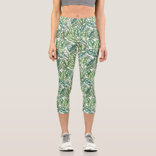 Leggings Capri Patrón de hojas tropicales verdes