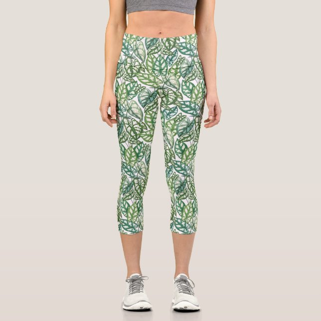 Leggings Capri Patrón de hojas tropicales verdes (Anverso)
