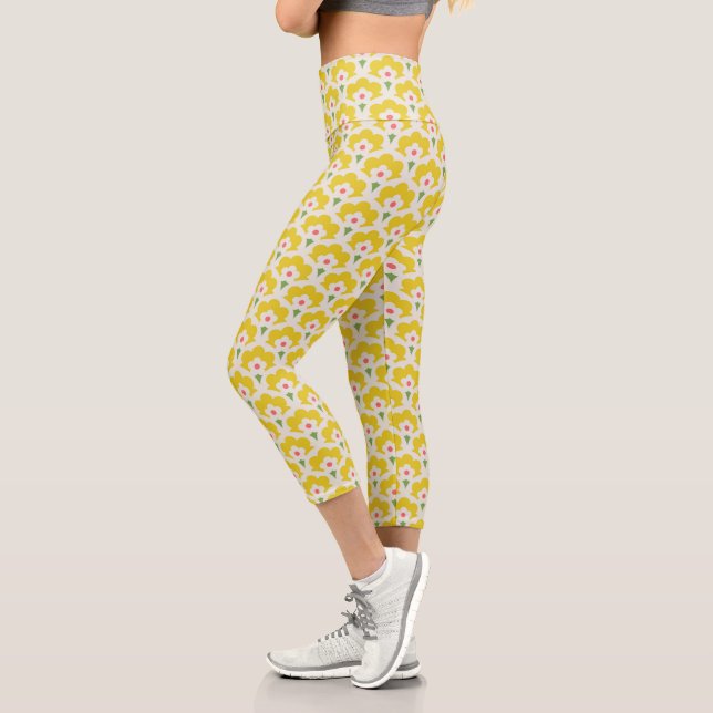 Leggings Capri Patrón de jardín de flores amarillo retro (Izquierda)