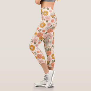 Leggings Capri Patrón de jardín de flores rosadas y Naranjas