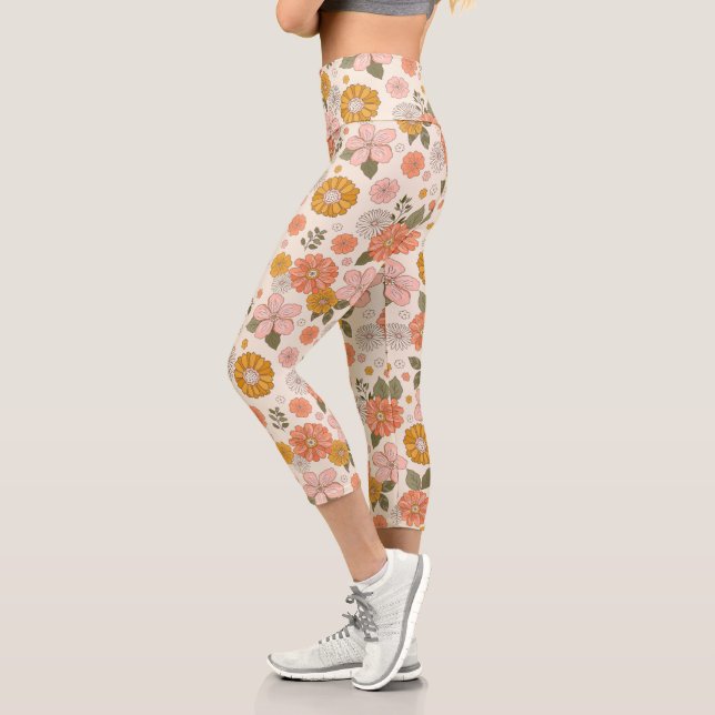 Leggings Capri Patrón de jardín de flores rosadas y Naranjas (Izquierda)
