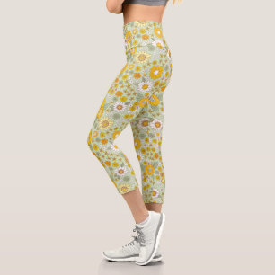 Leggings Capri Patrón de jardín floral amarillo