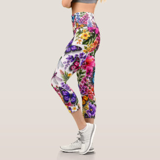 Leggings Capri Patrón de jardín floral de mariposa tropical color
