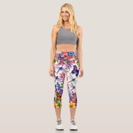 Leggings Capri Patrón de jardín floral de mariposa tropical color