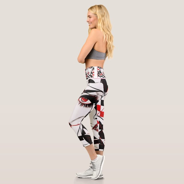Leggings Capri Patrón de la cara del chica Blanco, Negro y Rojo (Izquierda)