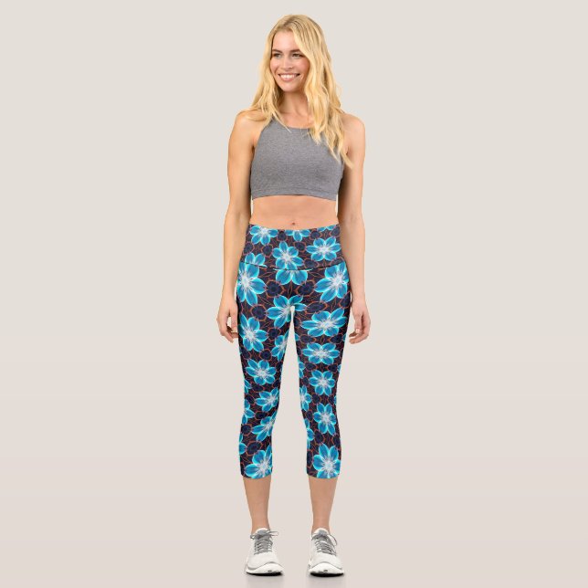 Leggings Capri Patrón de las flores azules abstractas (Anverso)