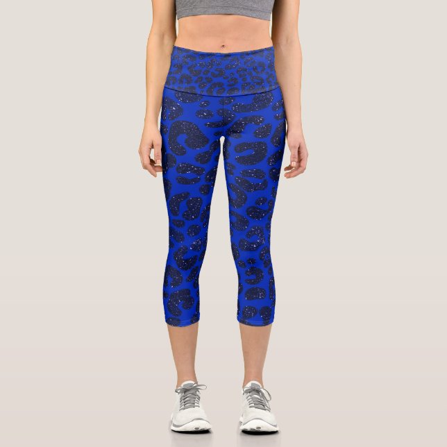 Leggings Capri Patrón de Leopardo Moderno Azul Purpurinoso (Anverso)