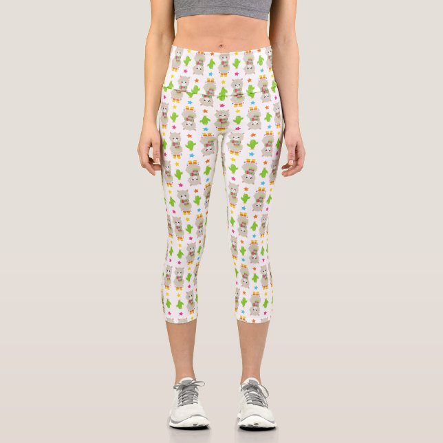 Leggings Capri Patrón De Llamas, Llamas Cutas, Alpacas, Cactus (Anverso)