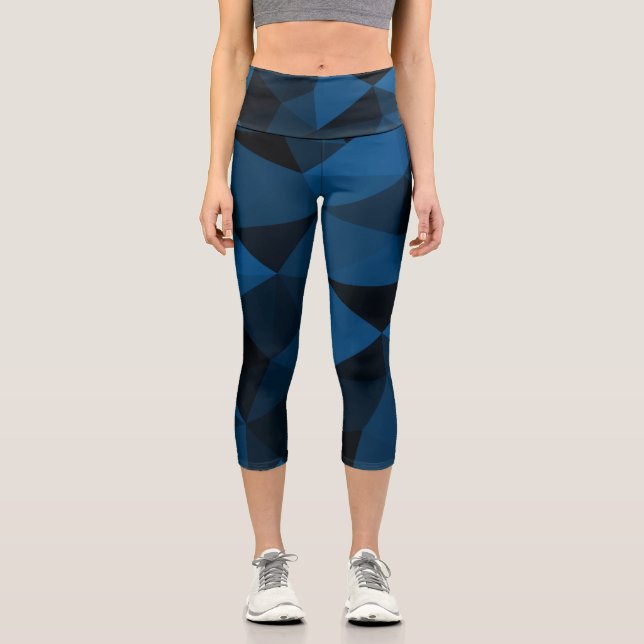 Leggings Capri Patrón de malla geométrica azul y negro oscuro (Anverso)