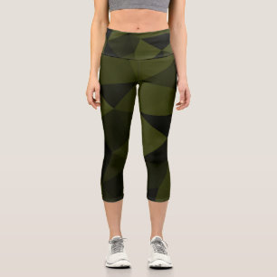 Leggings Capri Patrón de malla geométrica verde negro del ejércit