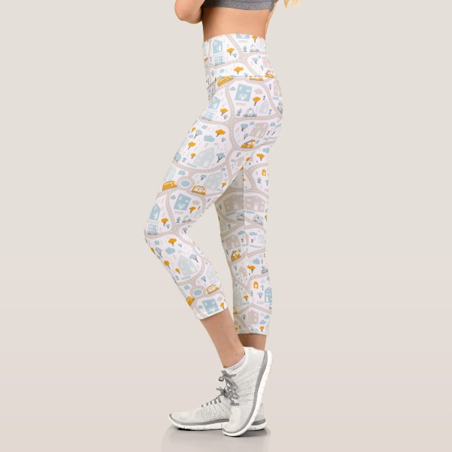 Leggings Capri Patrón de mapa del barrio de Cute Pastel (Izquierda)