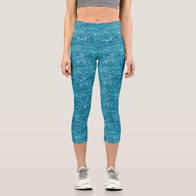 Leggings Capri Patrón de mar azul ondulado (Anverso)