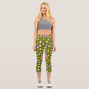 Leggings Capri Patrón de margarita amarilla y púrpura