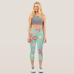 Leggings Capri Patrón de margarita retro multicolor