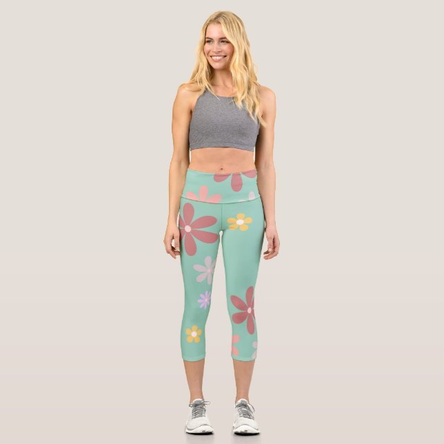 Leggings Capri Patrón de margarita retro multicolor (Anverso)