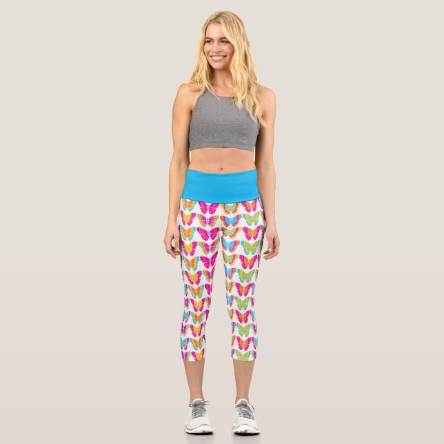 Leggings Capri Patrón de mariposa arco iris crudo (Anverso)