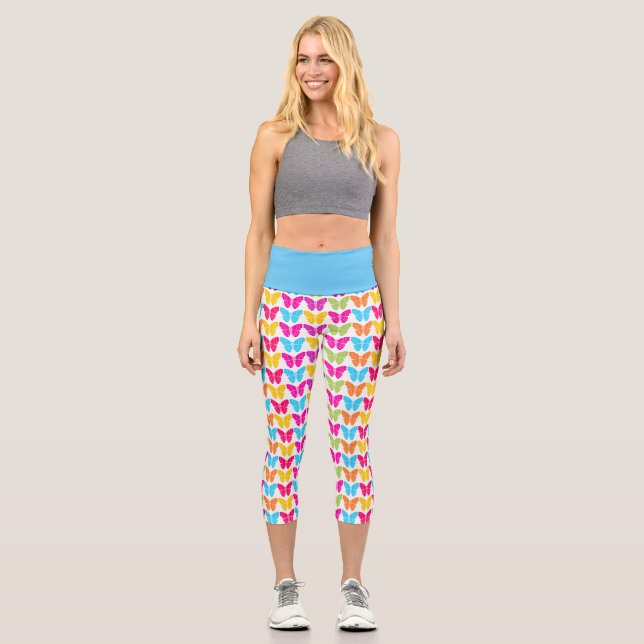 Leggings Capri Patrón de mariposa de arco iris brillante (Anverso)