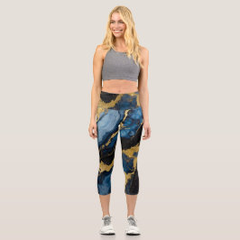 Leggings Capri Patrón de mármol azul con oro