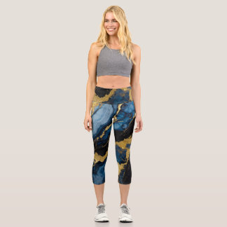 Leggings Capri Patrón de mármol azul con oro