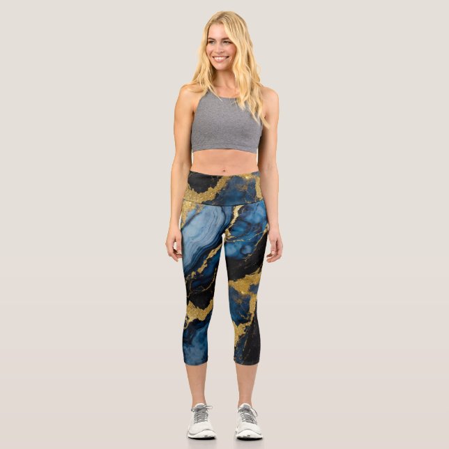 Leggings Capri Patrón de mármol azul con oro (Anverso)