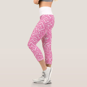 Leggings Capri Patrón de meandro rosa y blanco Maze moderno