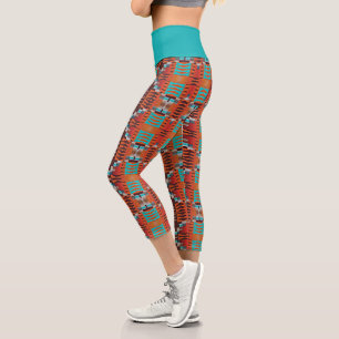 Leggings Capri Patrón de mosaico étnico azul turquesa marrón nara