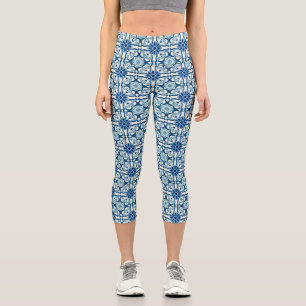 Leggings Capri Patrón de mosaico floral azul de Azulejos portugué