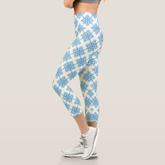 Leggings Capri Patrón de mosaico floral azul mediterráneo