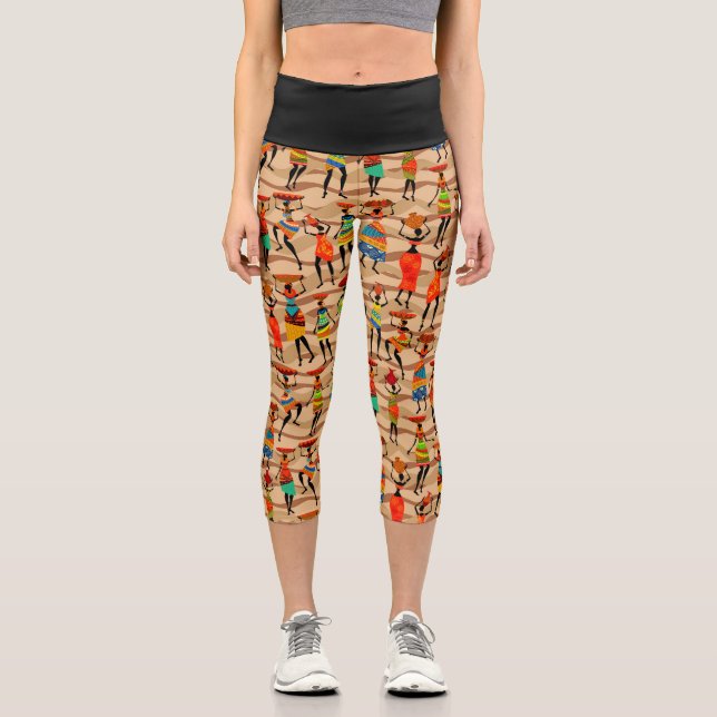 Leggings Capri Patrón de mujeres tribales africanas (Anverso)