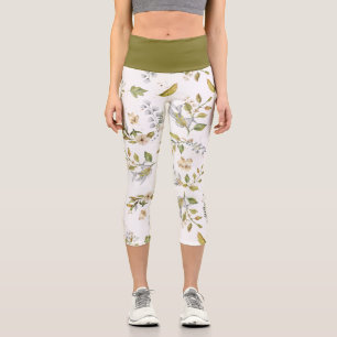 Leggings Capri Patrón de naturaleza de bosque verde y blanco  