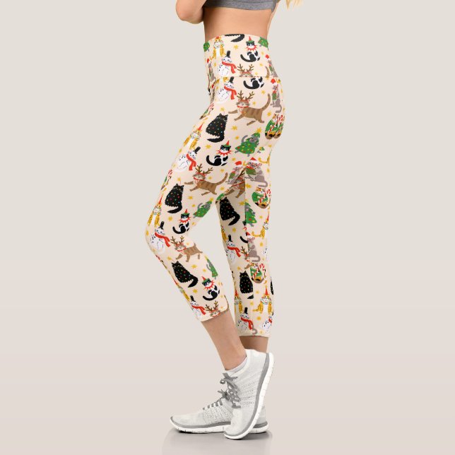 Leggings Capri Patrón de Navidades de gatos festivos (Izquierda)