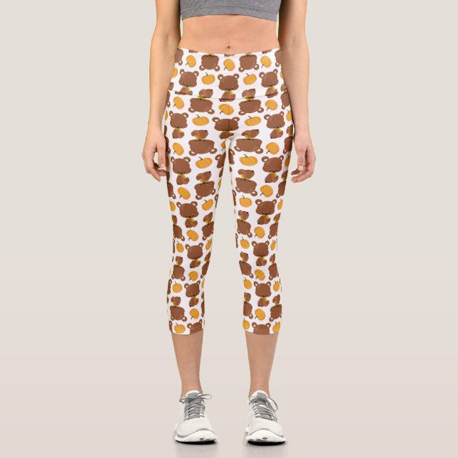 Leggings Capri Patrón De Osos, Osos Cubiertos, Caída, Calabazas (Anverso)