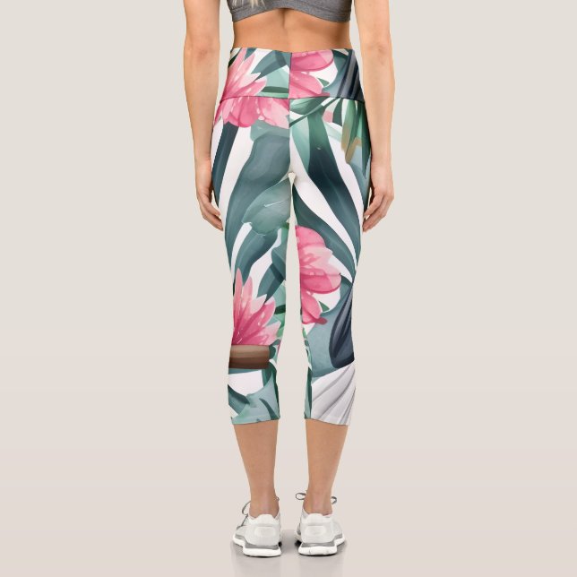 Leggings Capri Patrón de pájaro de loro blanco tropical (Reverso )