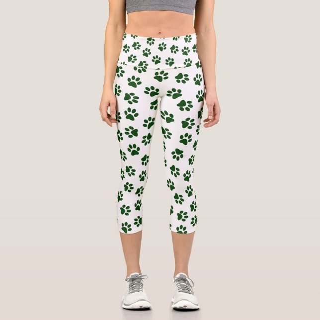 Leggings Capri Patrón De Paws, Paws De Perro, Papas Verdes (Anverso)