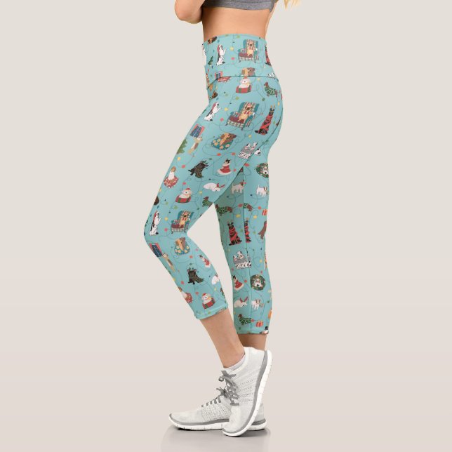 Leggings Capri Patrón de perros de vacaciones festivos en Navidad (Izquierda)