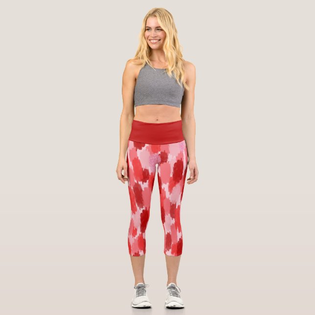 Leggings Capri Patrón de pinceles de resumen rosado rojo (Anverso)