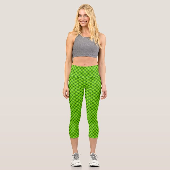 Leggings Capri Patrón de placa de estrado de tartán verde-57578 (Anverso)