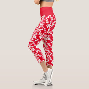 Leggings Capri Patrón De Planta Repetida De Color Rojo Y Blanco
