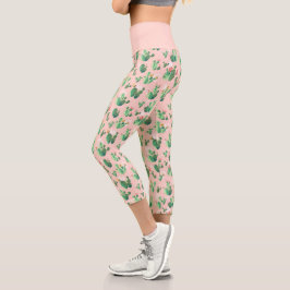 Leggings Capri Patrón de planta suculenta de cactus verde rosa li